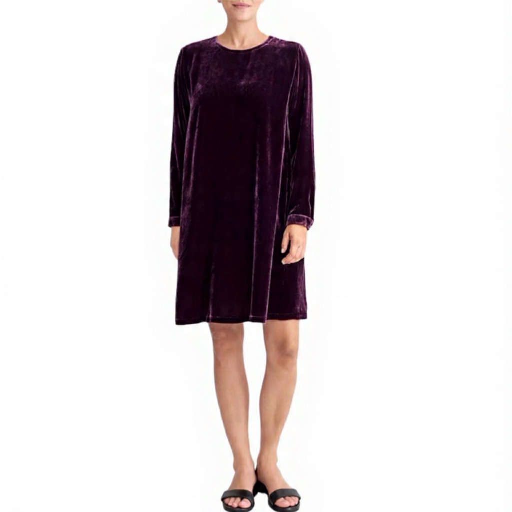 Eileen Fisher Silk Blend Velvet Round Neck Long Sleeve Plum Purple Dress Small